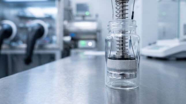 Solid-state battery research setup with lithium metal, ceramic separator, electrolyte film, carbon sheet, and glass vial on a clean lab bench.