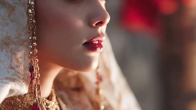 Profile of bride with ornate traditional headpiece.