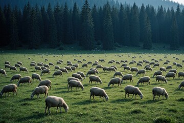 Naklejka premium Massive flock of sheep grazes on wide green meadow. Large herd of farm animals eats grass in rural pasture. Dense dark pine forest stands behind hills under soft daylight. Scenic Balkan landscape