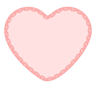 Soft pink petite floral scallop lace border wraps a single heart frame isolated on white as modern minimal eyelet edging for valentine cards, wedding invitations or sweet romantic stationery designs.