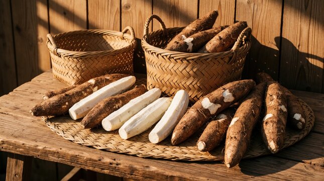 Freshly harvested cassava roots arranged in woven baskets on rustic wooden table. Tubers peeled revealing white flesh, others still brown skin. Natural sunlight illuminates scene, creating warm