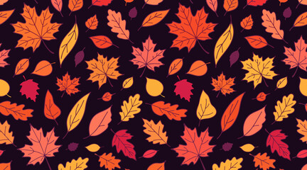 Fototapeta premium Vibrant autumn leaves pattern vector illustration featuring bright fall foliage on a dark navy blue background