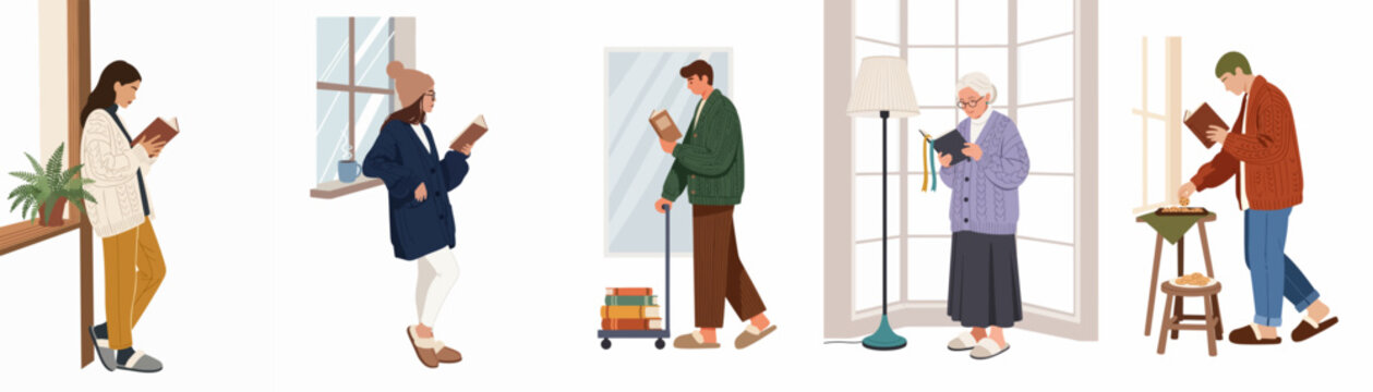 Illustration of diverse people reading books in cozy indoor settings, featuring a minimalist flat design with warm tones on a white background.