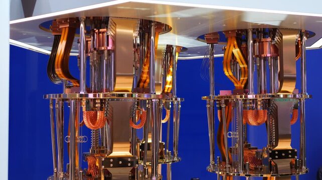 Futuristic quantum PC computer close up, concept qubits and quantum circuits. Powerful supercomputing technology data processing, innovation, deep tech and the future of supercomputer, close up of pc.
