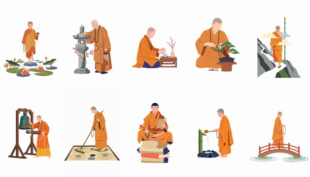 Collection of flat vector illustrations featuring Buddhist monks in orange robes performing various traditional rituals, meditations, and temple duties on a white background.