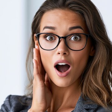 Surprised young woman with glasses touching face showing shock and disbelief while looking at the camera in modern casual attire indoors