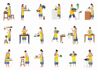 Fototapeta premium A collection of eighteen flat vector illustrations of a woman in a yellow apron performing various domestic, gardening, and cooking tasks.
