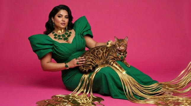 Elegant woman in a green dress and gold jewelry posing with a spotted Bengal cat on a pink background, luxury fashion editorial concept for high-end lifestyle and jewelry branding