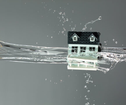 Mini House home sits on climate change while Heavy Flood flow to house and hit wall as protection insurance over gray background to show happy smile mini house home on flood water