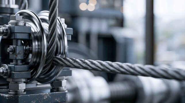 Industrial steel cable mechanism with heavy-duty pulleys and bolts for lifting and load-bearing applications in a modern factory setting