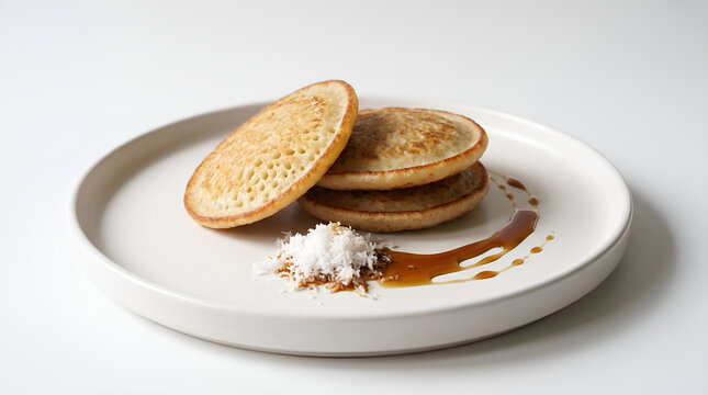Traditional Indonesian serabi rice pancake with coconut and palm sugar, isolated on white for dessert menus, culinary tourism, packaging and food advertising.
