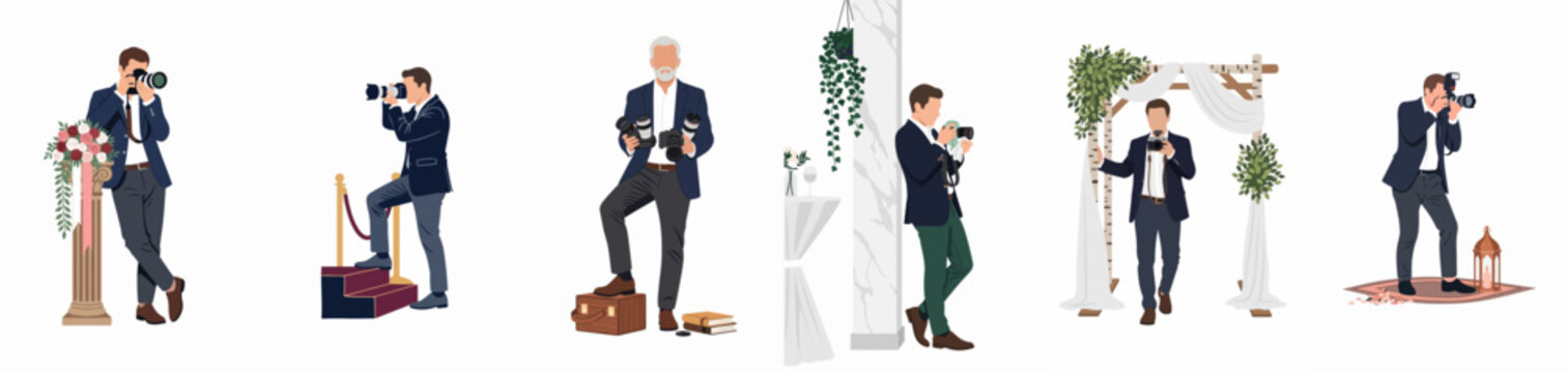 Set of professional male wedding and event photographers in various poses with cameras, cutout illustrations for architectural visualization and graphic design.