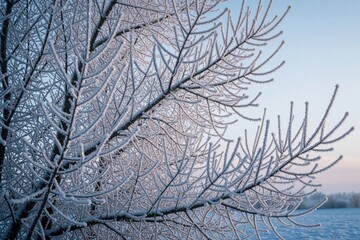 Obraz premium Close up of frozen tree branches covered in white rime ice. Winter frost creates intricate crystal patterns on leafless wood. Cold weather nature background with soft light during sunrise sunset in