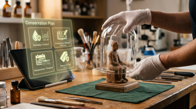 Art conservator using digital technology to restore ancient clay figurine. Gloved hands placing glass dome over artifact with holographic conservation plan in professional workshop setting.