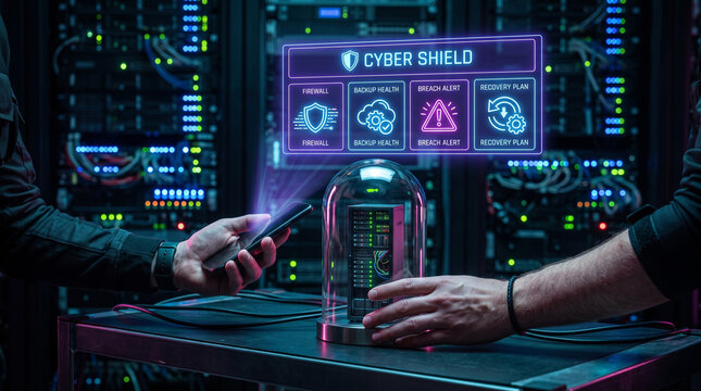 Cybersecurity data protection server with digital shield interface. Hand holding smartphone near server in glass dome, neon data center background, futuristic network security concept.