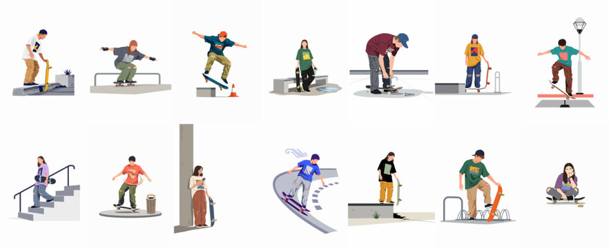 Set of flat vector illustrations featuring diverse people skateboarding and posing in urban settings, ideal for architectural visualization and graphic design.