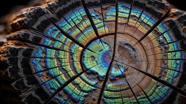 Close up view of iridescent petrified wood texture. Colorful mineral deposits create rainbow rings in fossilized tree stump. Vibrant blue gold, emerald patterns show aged organic geological surface