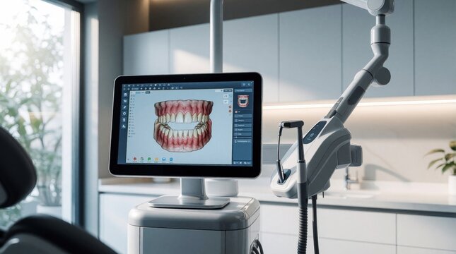 Digital dental scanner displays 3D tooth model on screen in modern clinic. Advanced tech helps dentist diagnose issues and plan treatments precisely. Modern dental care innovation.