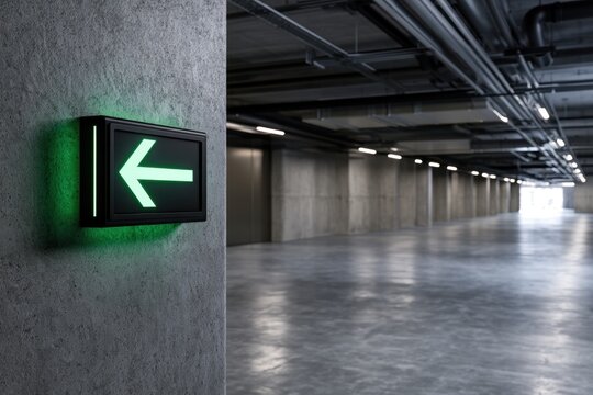Illuminated green arrow exit sign on concrete wall inside modern empty underground parking garage with industrial ceiling pipes and light fixtures