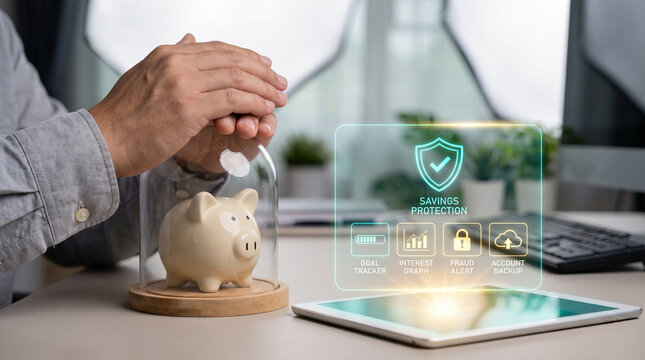 Savings protection concept with hands shielding a piggy bank under a glass dome and digital financial security icons on a tablet screen.
