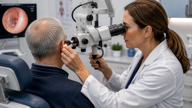 ENT specialist examining seated older adult patient&rsquo;s ear using clinical examination microscope, realistic otolaryngology appointment