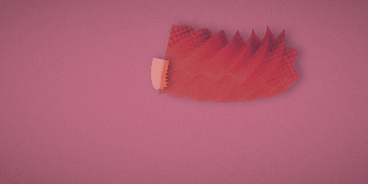 Grainy duotone minimal abstract paper collage with layered cutout shapes on a pastel pink field. Textured, soft-focus zine poster aesthetic with ample copy space.