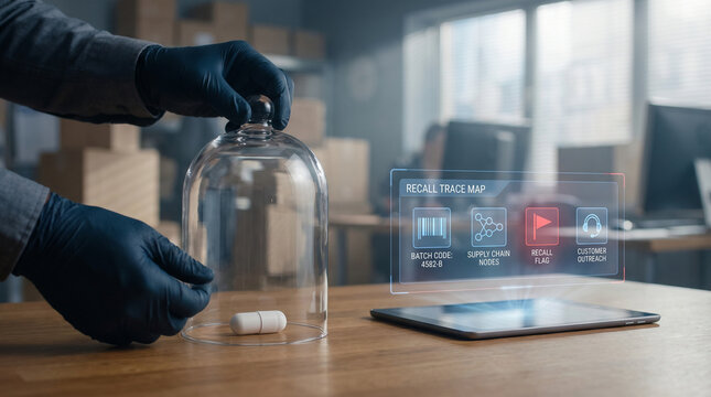 Futuristic product recall tracking, digital supply chain management interface, pharmaceutical safety and logistics technology
