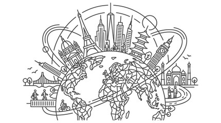 Fototapeta premium world tour and famous landmarks line art illustration depicting global travel international business and cultural connections.