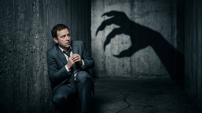 Business person afraid of a big monster claw shadow concept on background