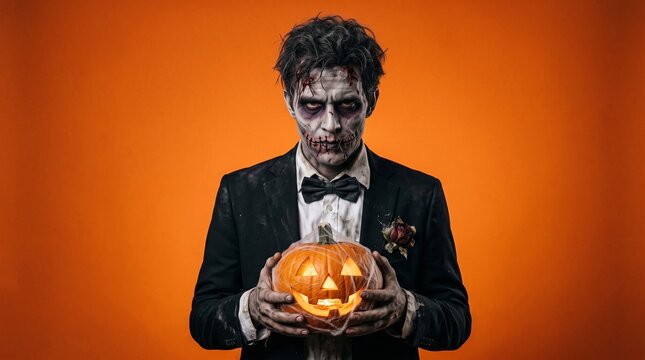 Photo of scary dead man on halloween wearing classical suit and creepy makeup holding carved pumpkin, isolated over yellow background