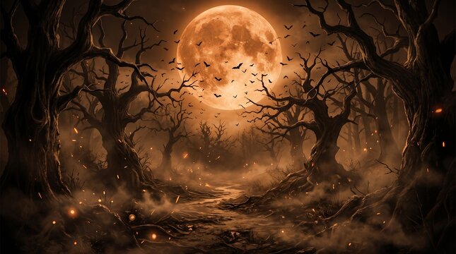 Spooky Halloween in the haunted forest graveyard with bats and scary trees. Happy Halloween Background. Generative AI