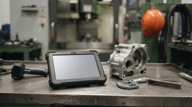 Manufacturing readiness assessment with rugged tablet, micrometer, feeler gauge, barcode scanner, and machined gear housing on a steel workbench.