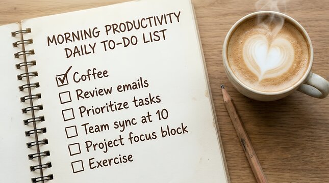 Morning Productivity Daily To Do List Notebook Page Showing Coffee Task Checked Off Next to Hot Cappuccino Cup and Pencil to do list tasks coffee checkmark done cappuccino cup pencil priority morning