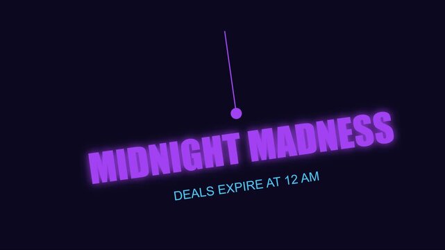 Midnight madness sale promotion with neon purple text and countdown timer for limited time offers and e-commerce marketing animation 4k