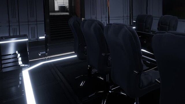 A meeting room features black chairs arranged around a table. Bright lights outline the floor and walls. The setting appears modern and professional, with stairs visible in the background.