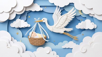 Fototapeta premium Paper Cut Art Style Flying Stork Carrying Newborn Baby Basket Across Blue Sky and Fluffy White Clouds paper art paper cut stork flying baby blue sky clouds newborn infant delivery birth welcome