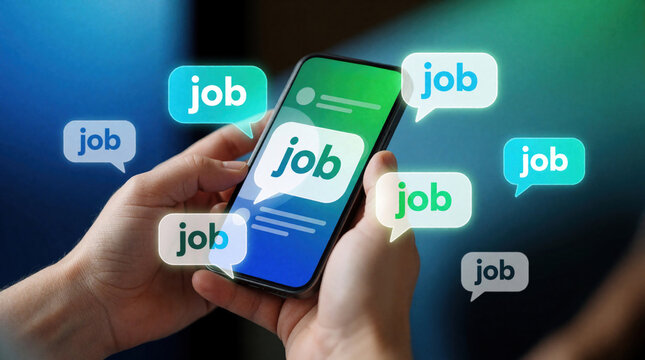 Hands display smartphone displaying job alert with multiple notification bubbles. Device held between fingers showing job title, icons around. Phone screen illuminates communication words about