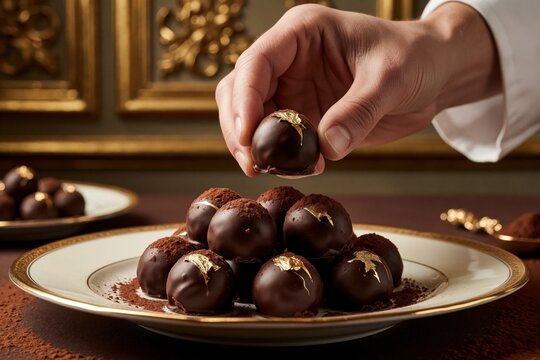 A hand places a fancy chocolate truffle on a plate. Rich dark chocolates with gold leaf are served in an elegant restaurant setting. Fine dessert and sweet treat presentation.