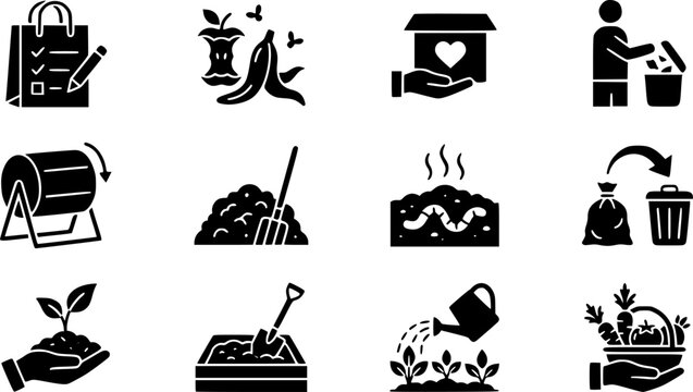 Food Waste Reduction and Composting Icon Set with Organic Scraps, Recycling Bins, Compost Tumbler, Food Donation and Sustainable Gardening Isolated on White Background