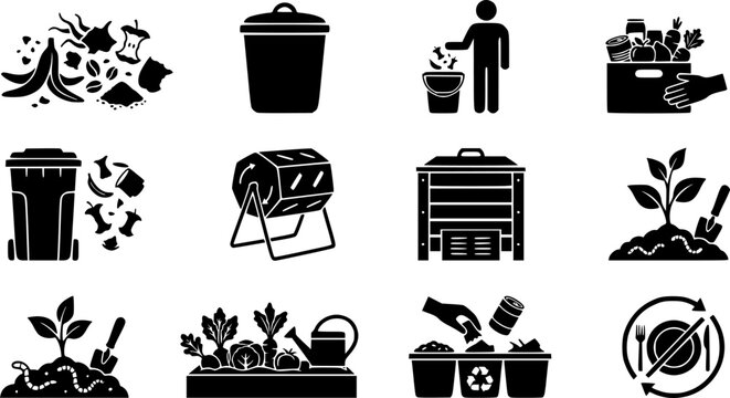 Food Waste Reduction and Composting Icon Set with Organic Scraps, Recycling Bins, Compost Tumbler, Food Donation and Sustainable Gardening Isolated on White Background