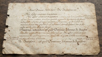 Fototapeta premium Antique handwritten document with faded ink on aged parchment paper.
