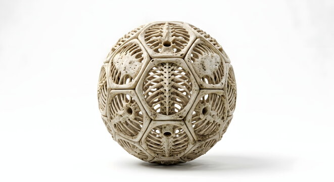 Soccer or football model or skeleton made with bones against white background. Space left for text.
