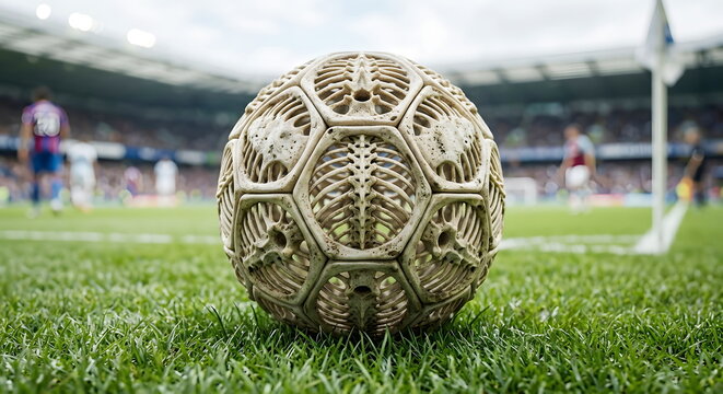 Soccer or football model or skeleton made with bones lying on football ground or pitch against white background.