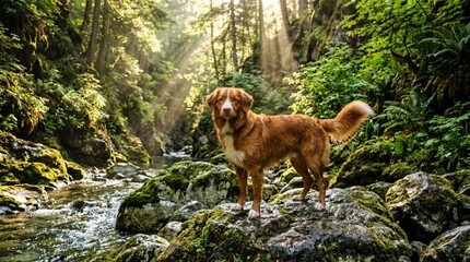 Fototapeta premium Red Nova Scotia Duck Tolling Retriever standing on mossy rocks in a sunlit forest canyon with golden light rays filtering through trees and a stream