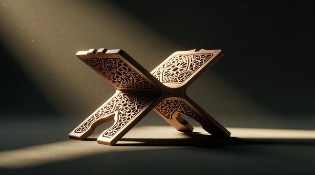 Ornate wooden rehal holds sacred book. Intricate carvings cast shadows in warm light. Minimalist background offers copy space for religious themes and Islamic celebrations.
