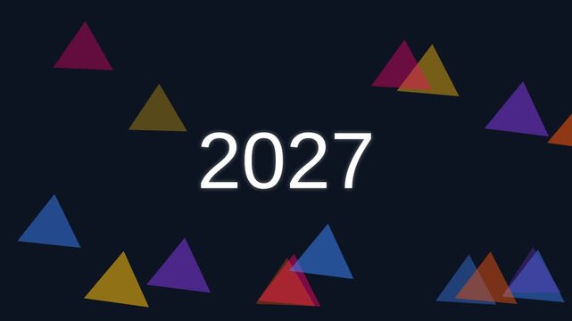 Dynamic motion video celebrating the year 2027 with colorful geometric triangles and vibrant design.