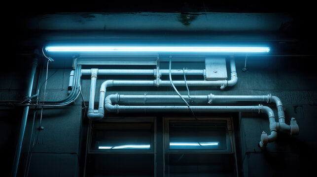 Modern industrial interior with illuminated neon lights and intricate pipework on dark wall