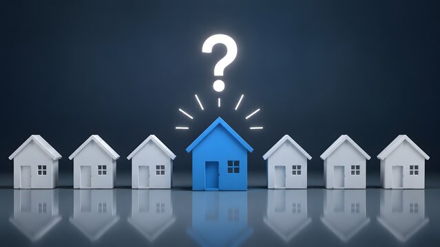Blue miniature house standing out among white houses with a glowing question mark. Concept of real estate property choice and housing market dilemma.