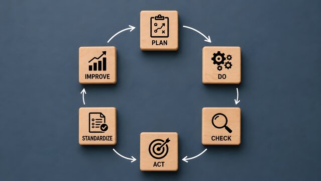 Wooden blocks in a circle displaying a five step business process cycle. Concept of continuous improvement and strategic management planning.