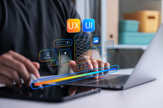 A professional designer uses a laptop and tablet with a glowing virtual UX UI interface hologram. This modern digital innovation represents creative app development and futuristic web design.